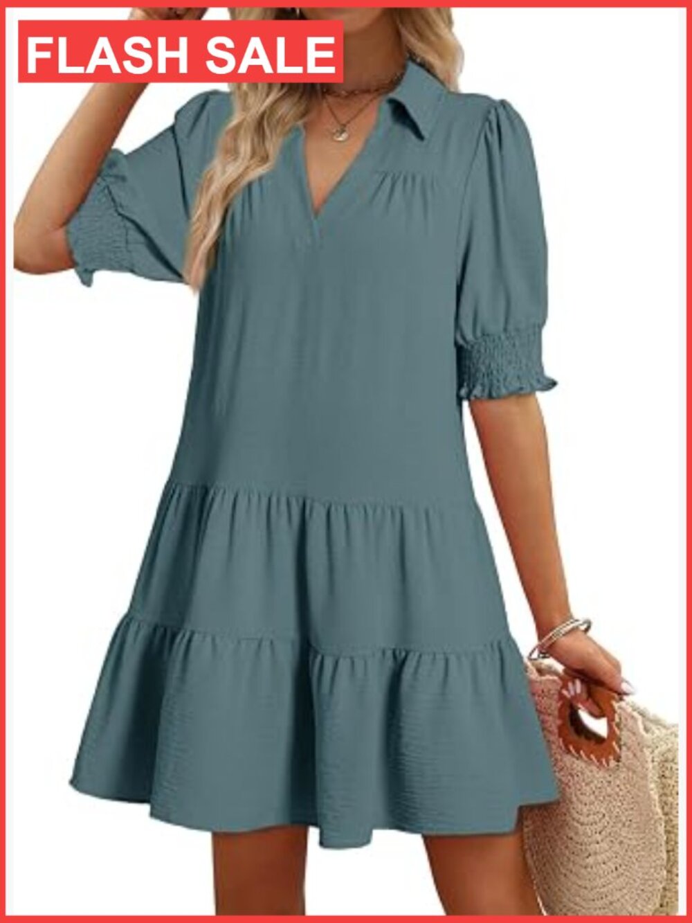 Midi A-Line Dress Pleated V-Neck Short Sleeve Summer Casual